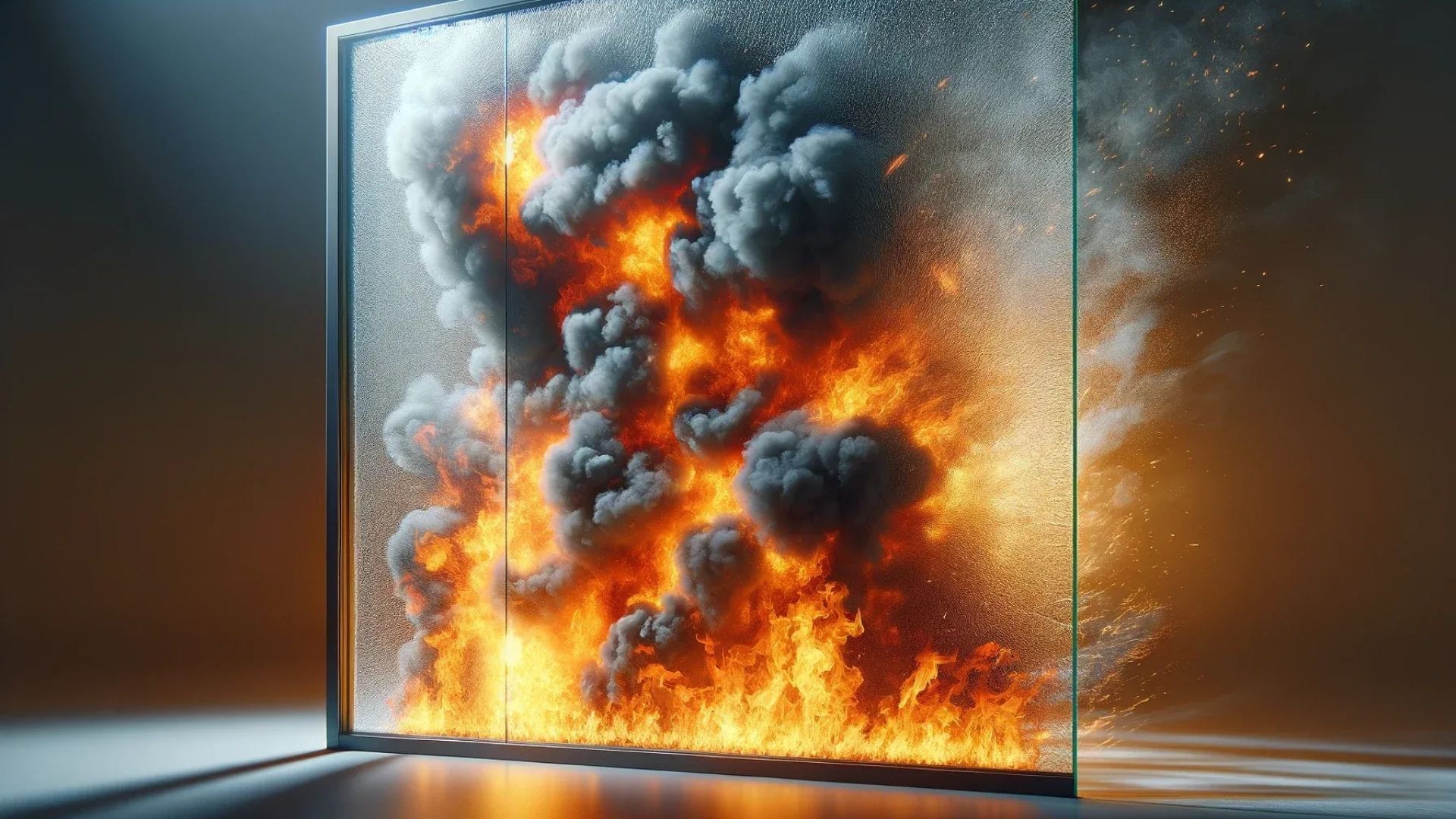 Flames and smoke behind a glass pane, appearing to protect against fire.