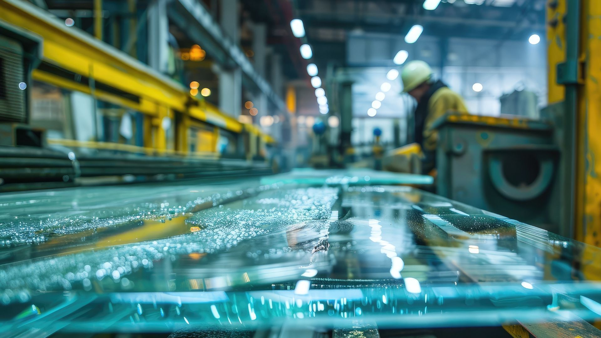 Glass sheets on a factory production line, with a worker in the background.