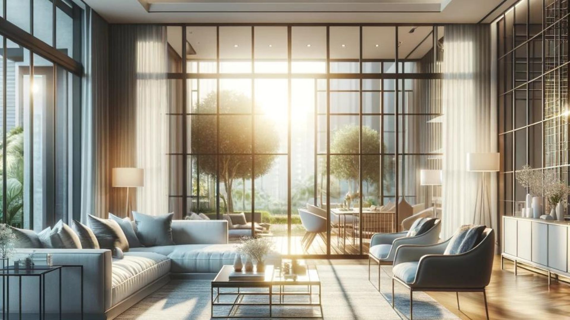 Luxurious modern living room with floor-to-ceiling windows overlooking a sunny outdoor space.