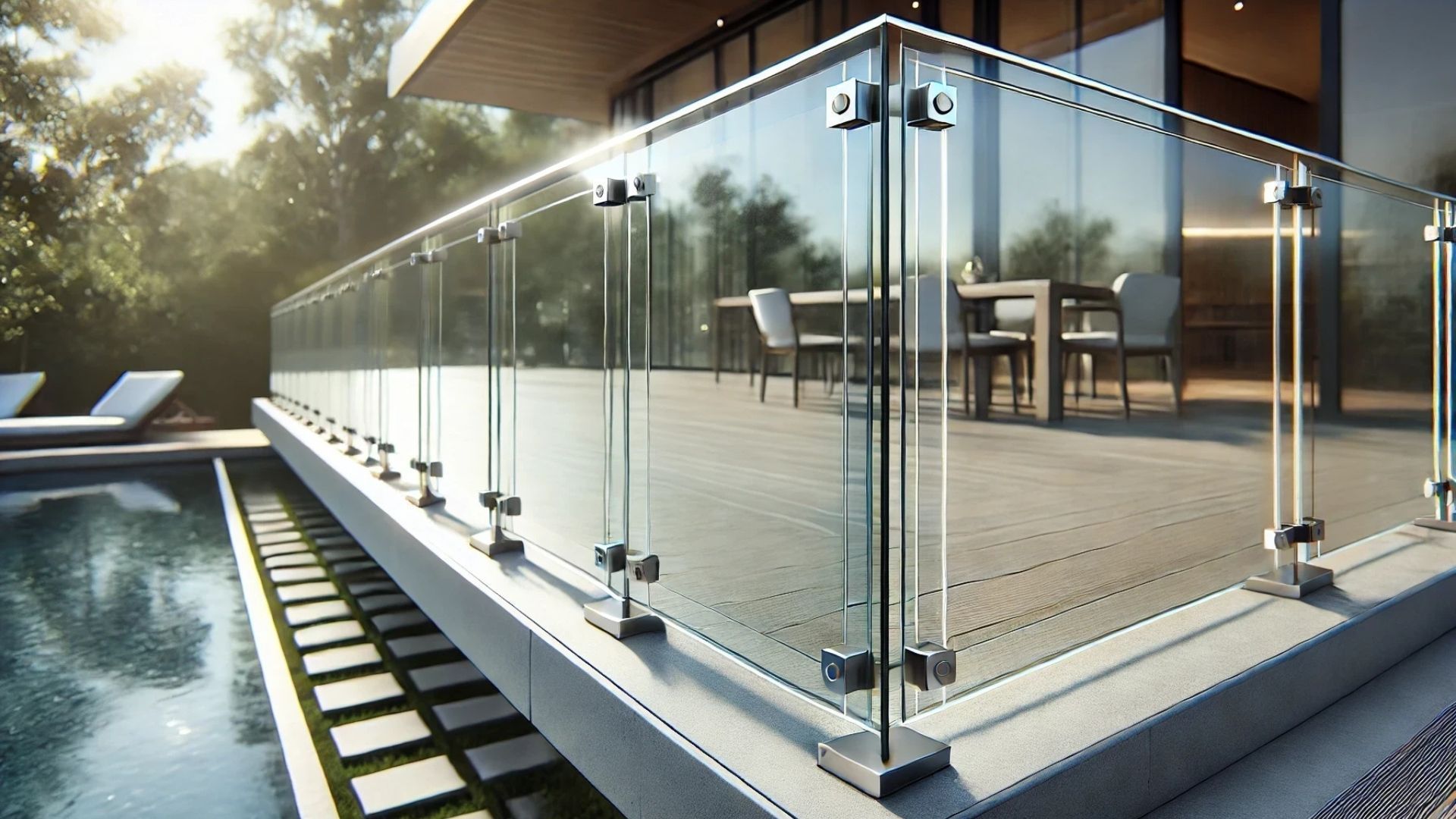 Glass railing around a deck overlooking a pool. Modern home with outdoor furniture.