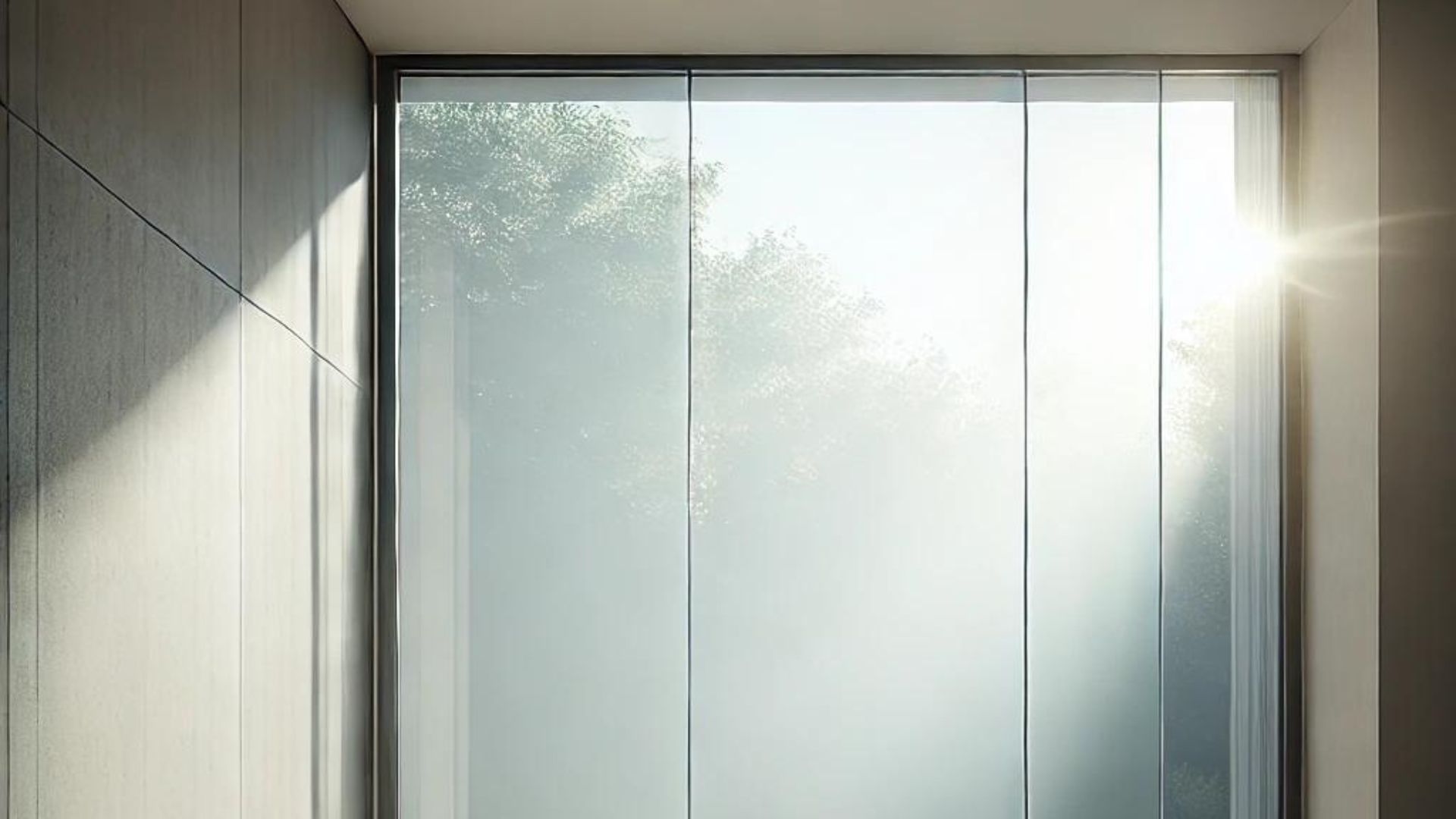 Large window with sunlight shining through, partly obscured by mist or fog, into a minimalist room.