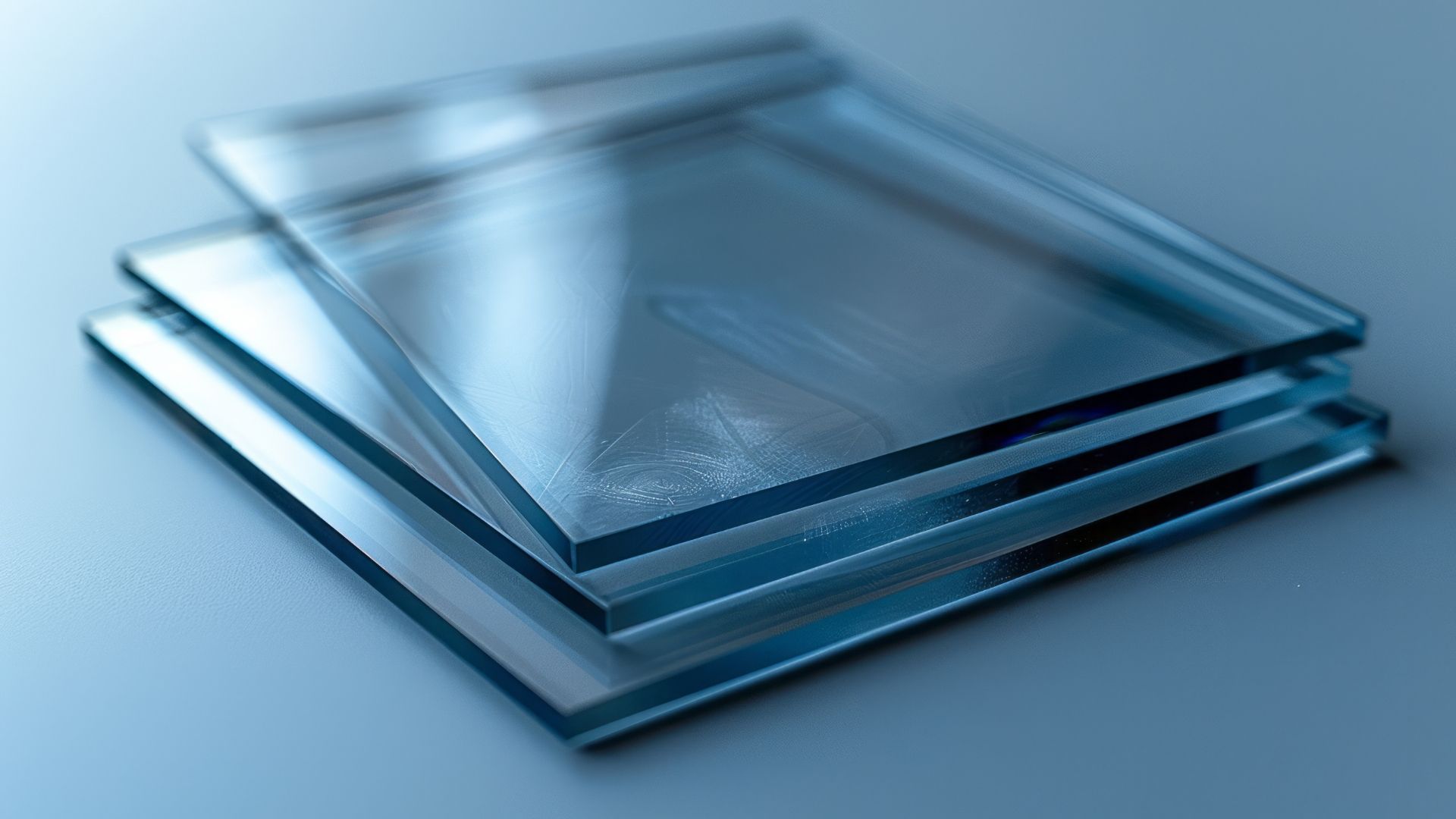 Three clear glass slides stacked on a light blue surface.
