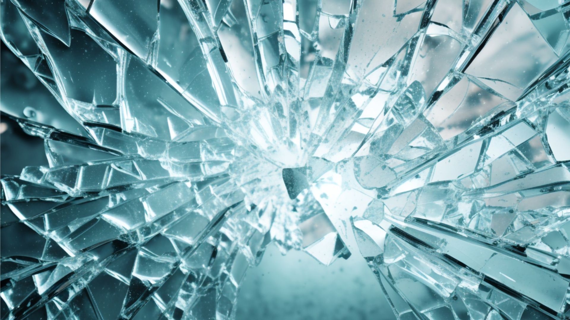 Shattered glass with radial cracks from impact point; shards reflect light.