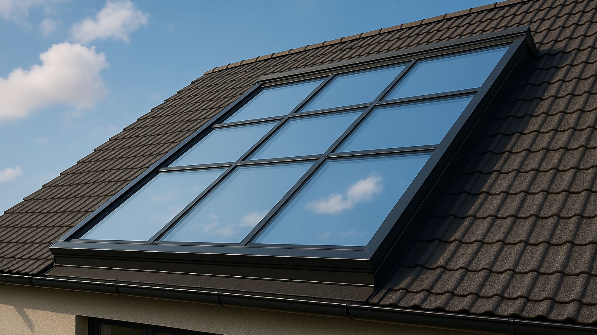 Skylight on a dark tiled roof, with blue sky and cloud reflections visible.