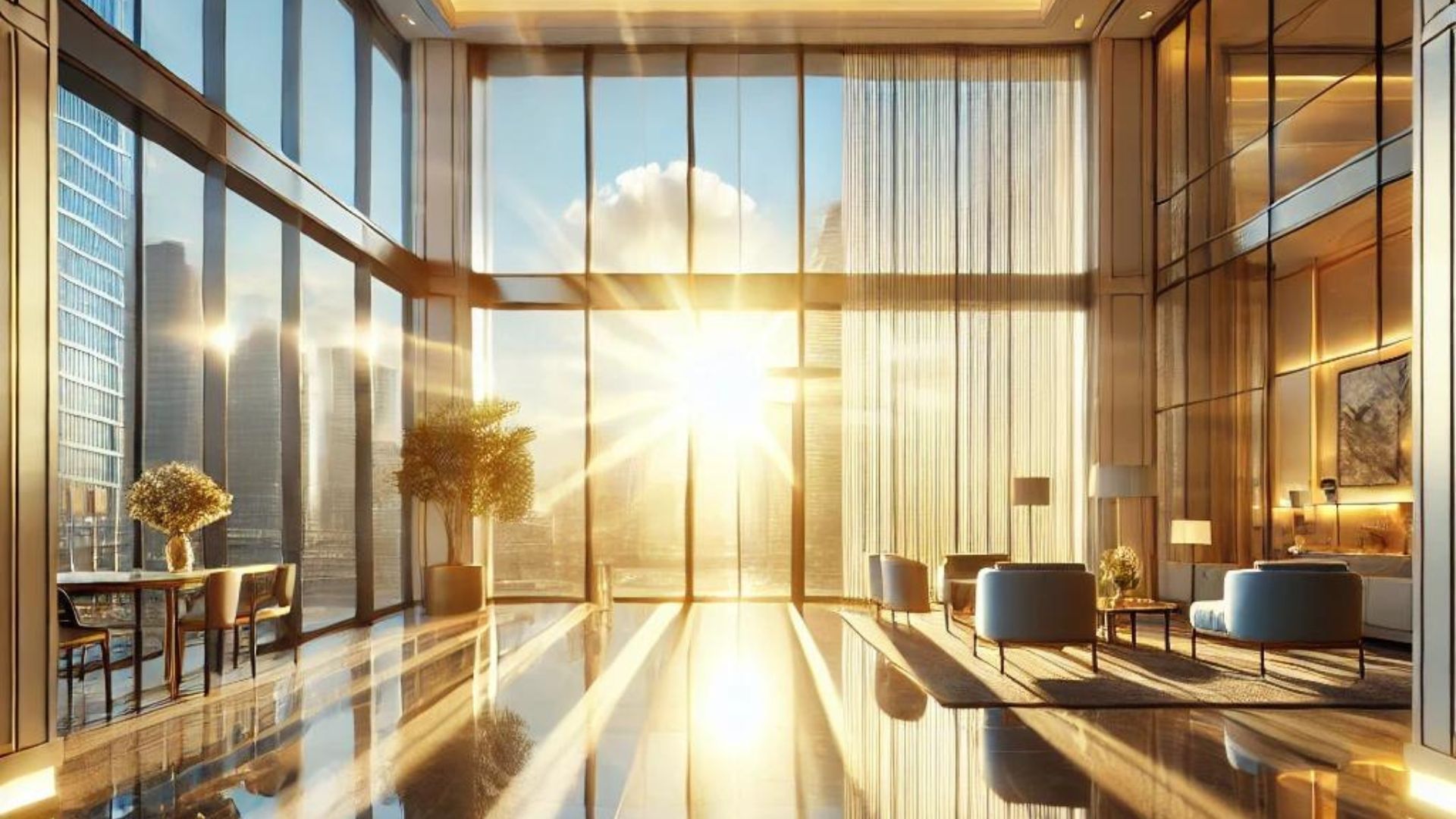 Sunlit luxury apartment interior with floor-to-ceiling windows, cityscape view, and seating area.