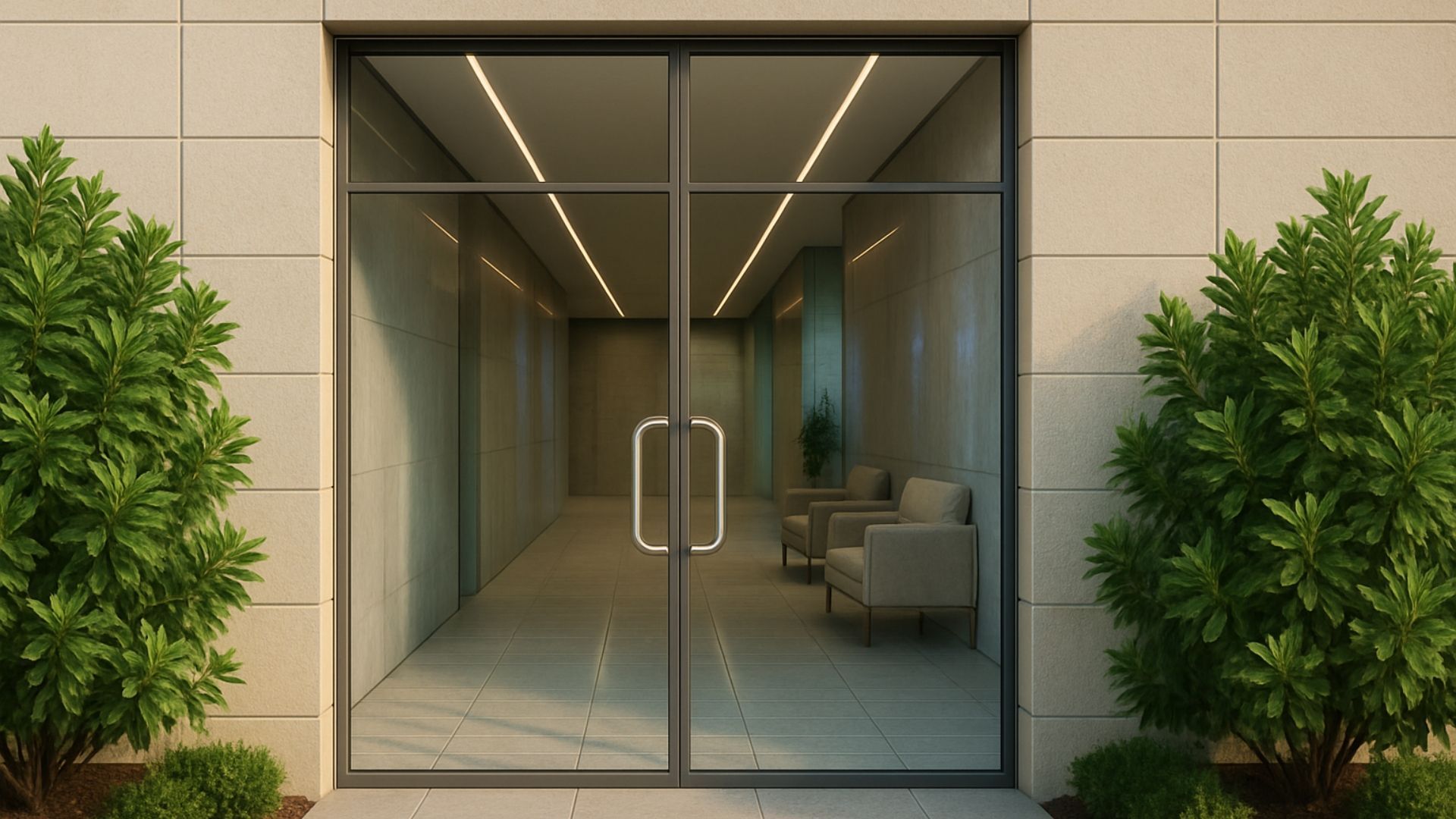 Glass doors of a building entrance, revealing an interior waiting area, flanked by green bushes.