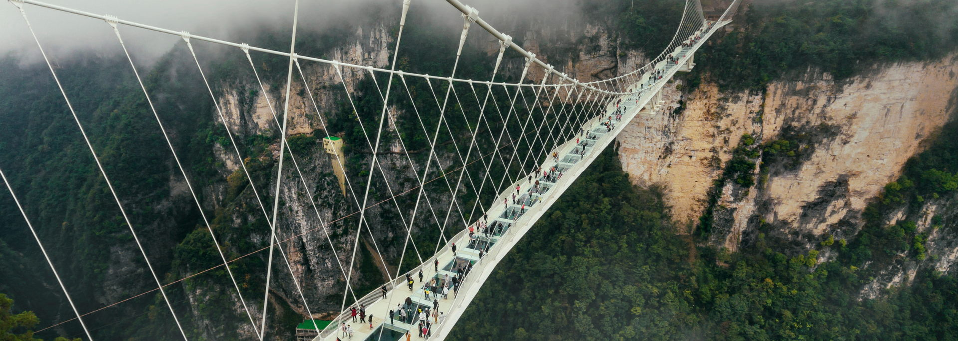 A long suspension bridge over a forested canyon, partially obscured by mist. People walk across it.