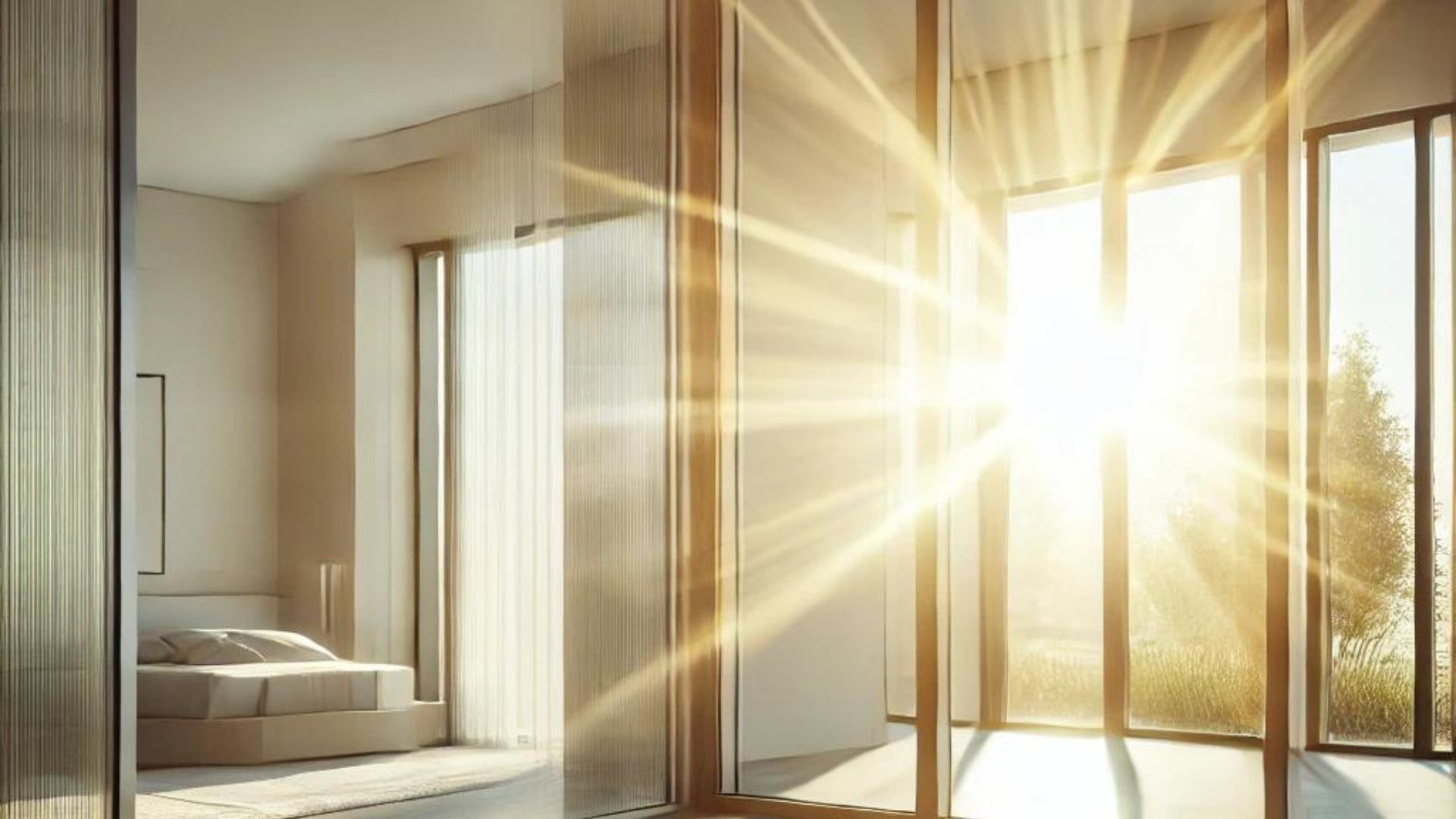 Bright sunlight streams into a minimalist bedroom with sheer curtains and a bed.