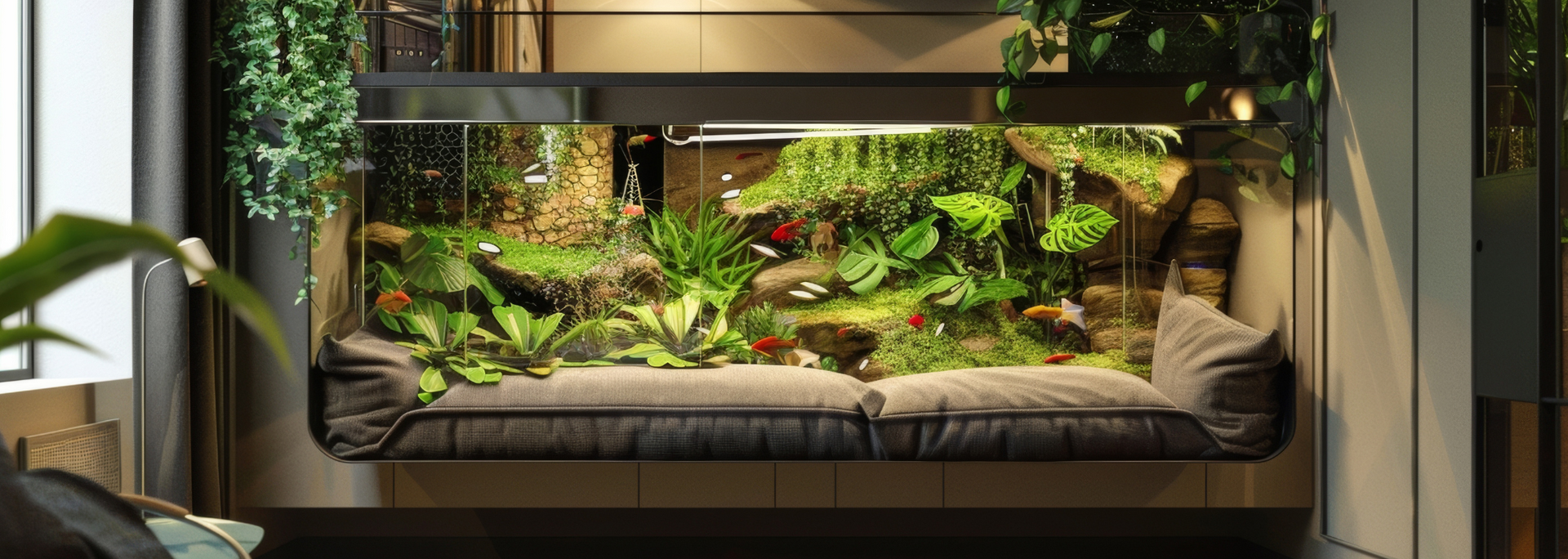 A rectangular aquarium built into a bench with lush green plants inside.