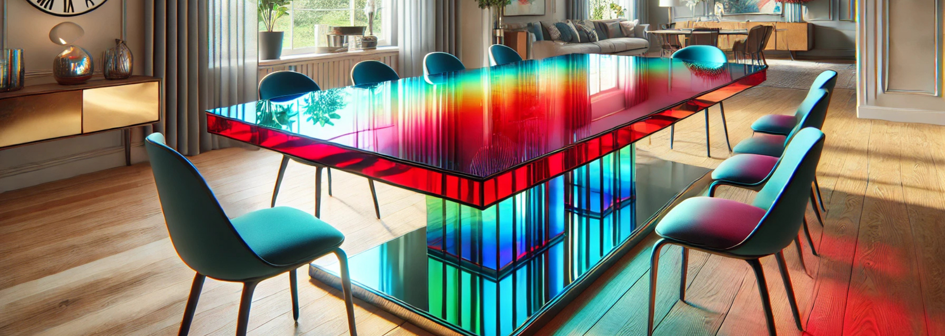 A modern dining room with a colorful rainbow table and teal chairs. Natural light streams in the window.