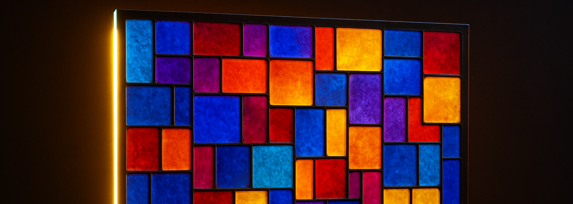 Colorful stained-glass window in a black frame, illuminated with warm light, depicting a mosaic of rectangular shapes.