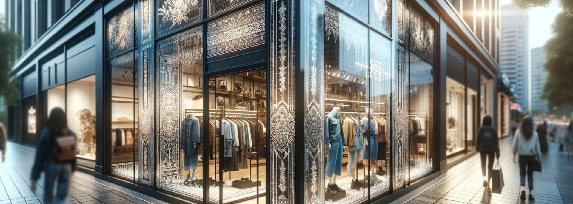 Clothing store with mannequins in window display, storefront with decorative glass, people walking on sidewalk.