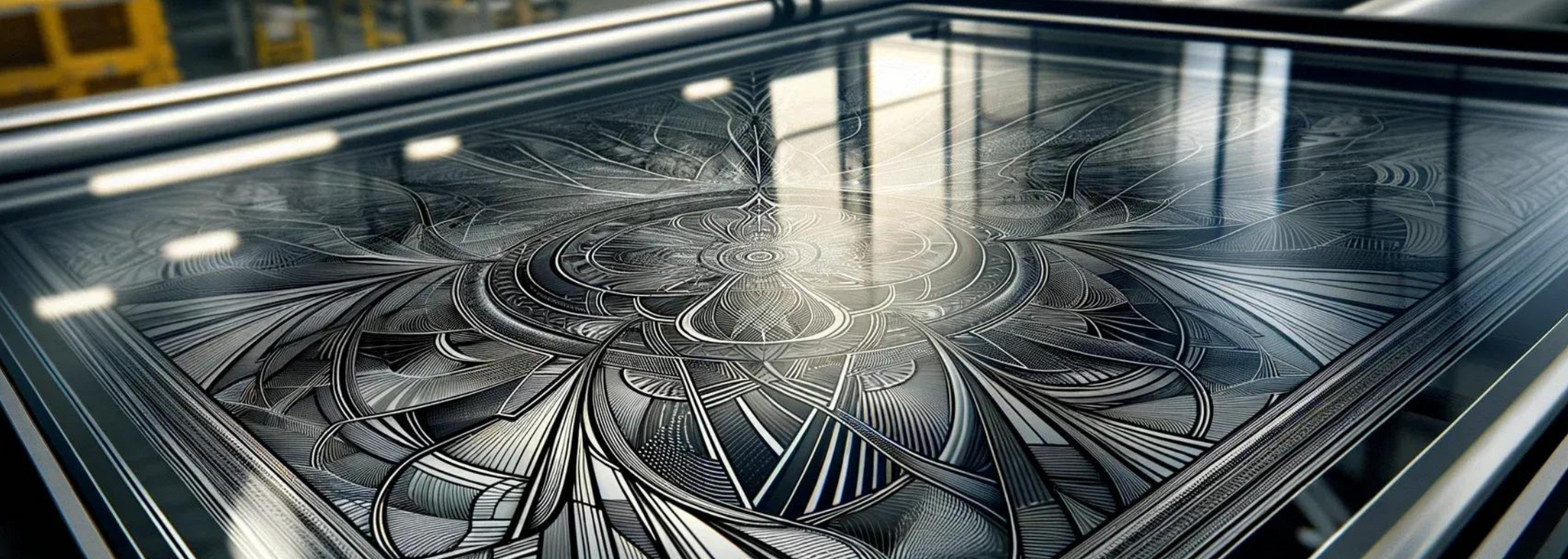 Metallic, geometric pattern reflected in glass surface. Industrial setting with angled beams.