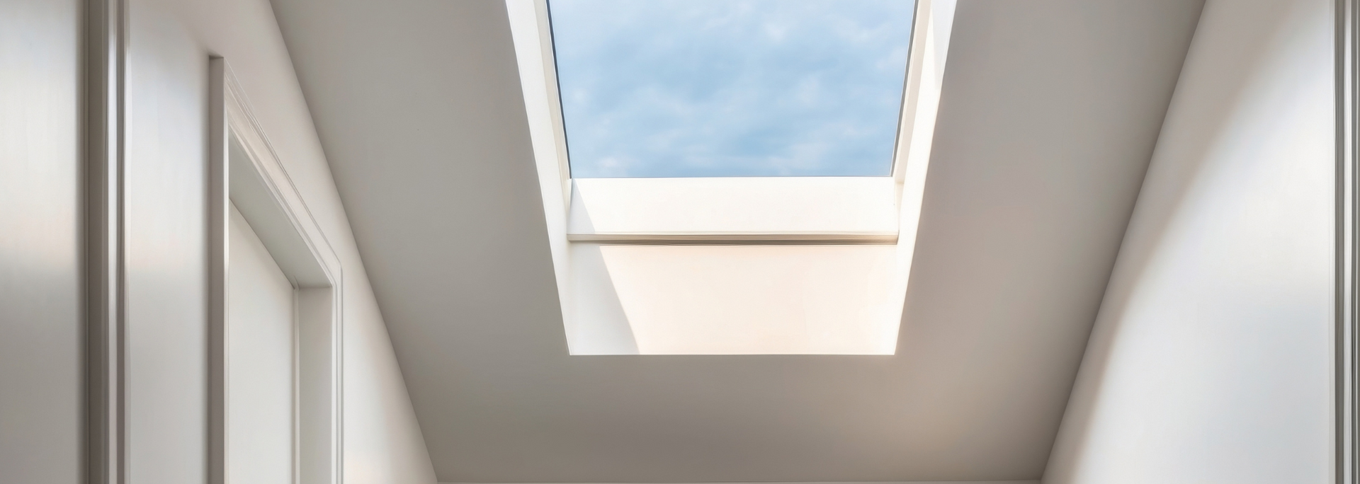 Interior view with a rectangular skylight in a white-walled room, and a glimpse of the sky.