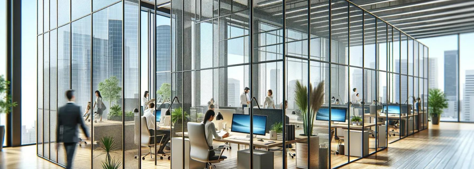 Modern office interior with glass walls, desks, and people working. City skyline visible through windows.