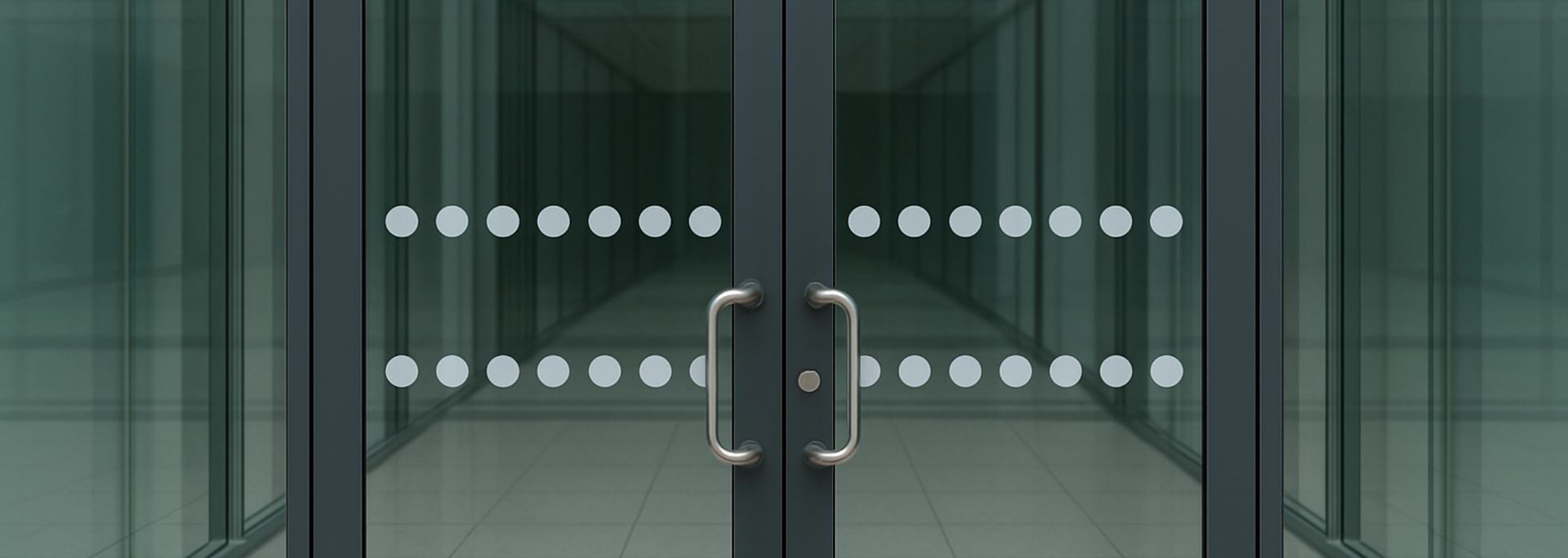 Glass doors with dotted patterns and metal handles, leading into a hallway.