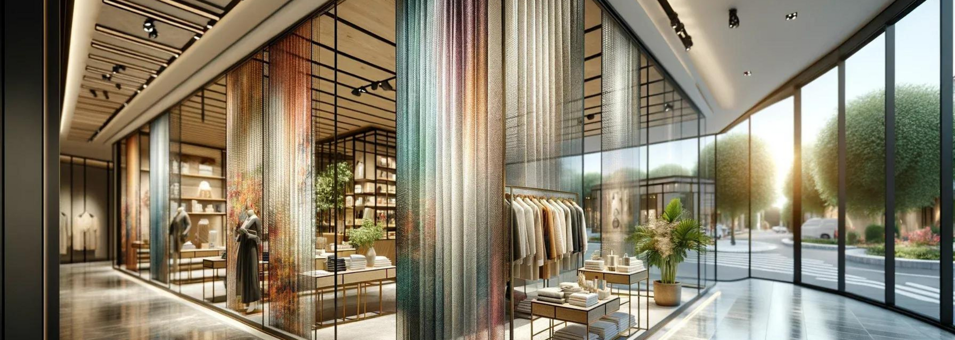 Interior of a modern retail space with large windows and colorful fabric panels, showcasing clothing and accessories.