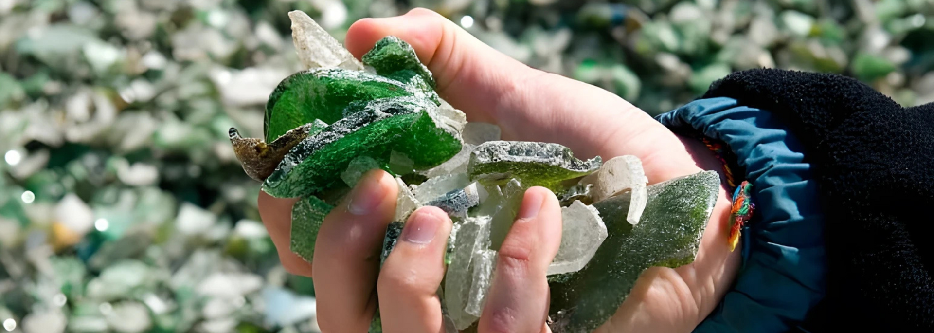 Hand holding pieces of green and clear sea glass, likely on a beach.