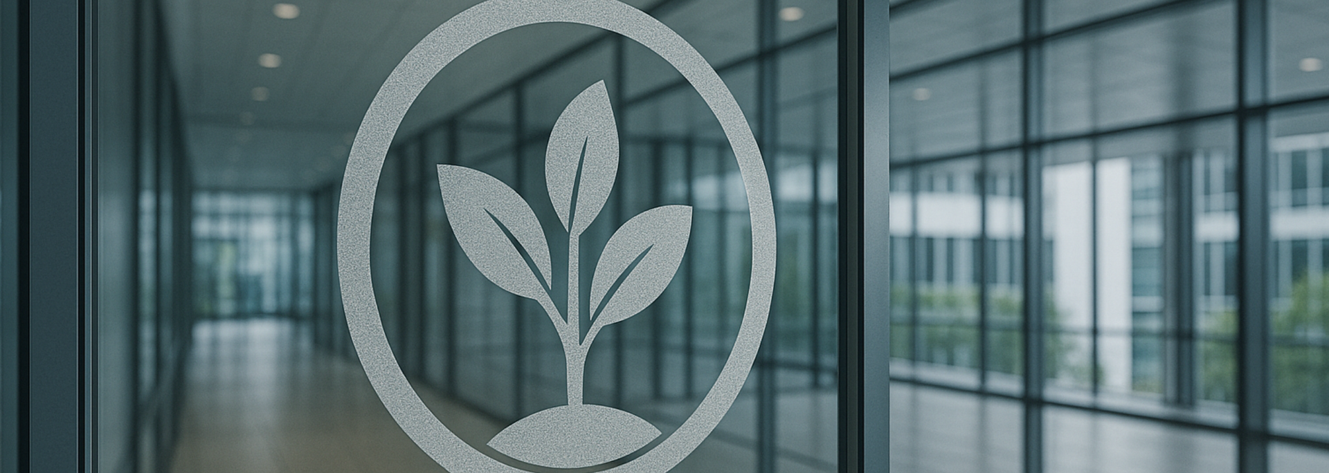 Glass door with a plant logo, hallway visible through the glass.
