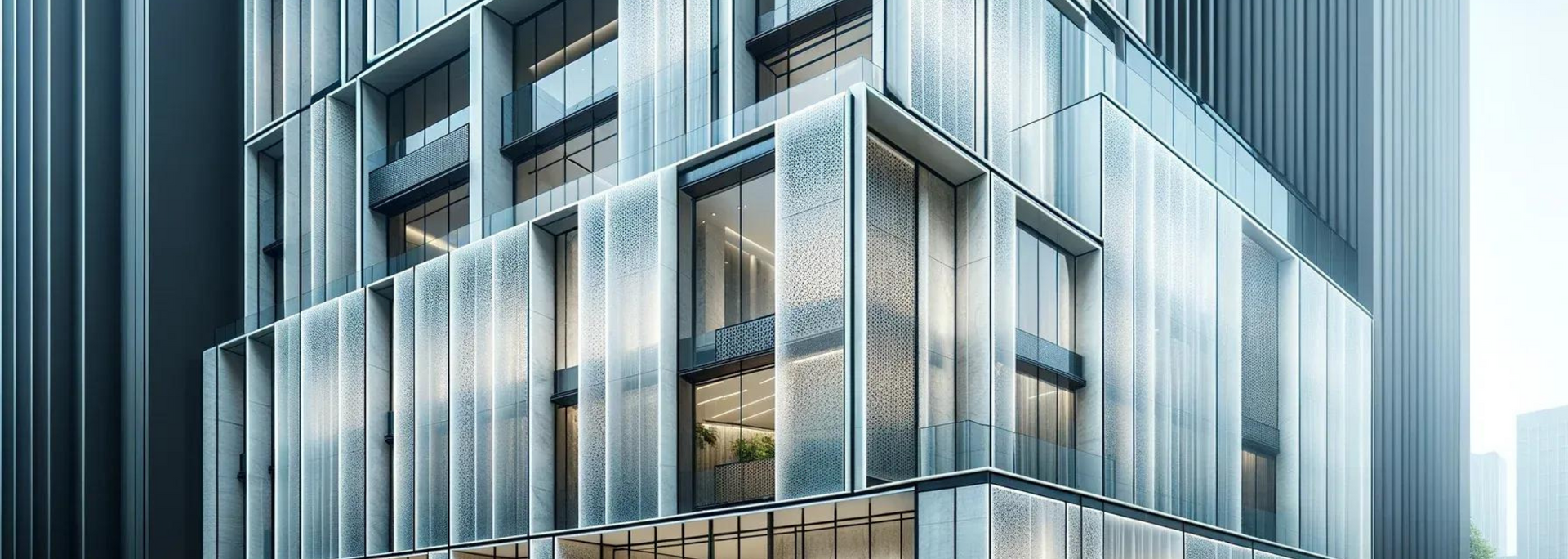 Modern skyscraper facade with textured glass panels and sleek architectural design.