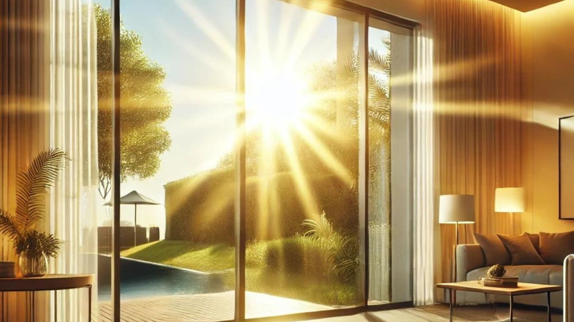 Bright sunlight streams through a glass door, illuminating a modern living room and outdoor scenery.