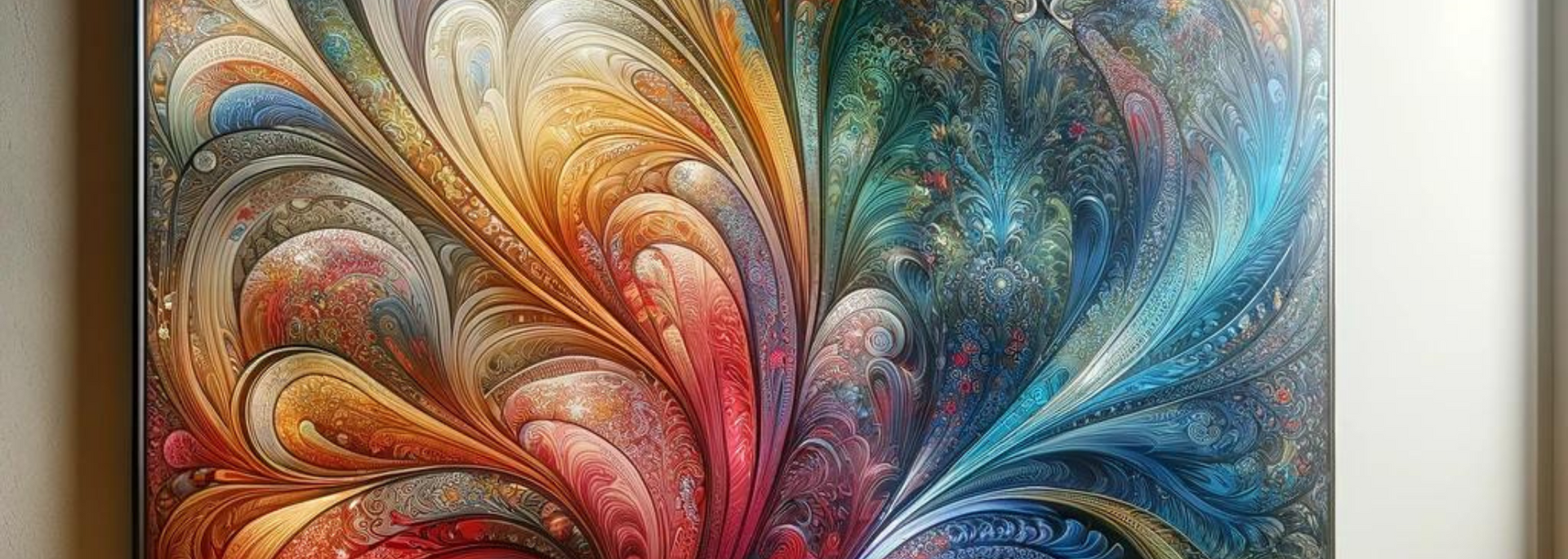 Colorful abstract artwork on a framed canvas. The artwork has a symmetrical design, split between warm and cool tones.