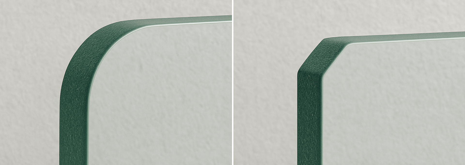 Two close-up views of glass edges, one rounded and one with a beveled edge, on a white surface.