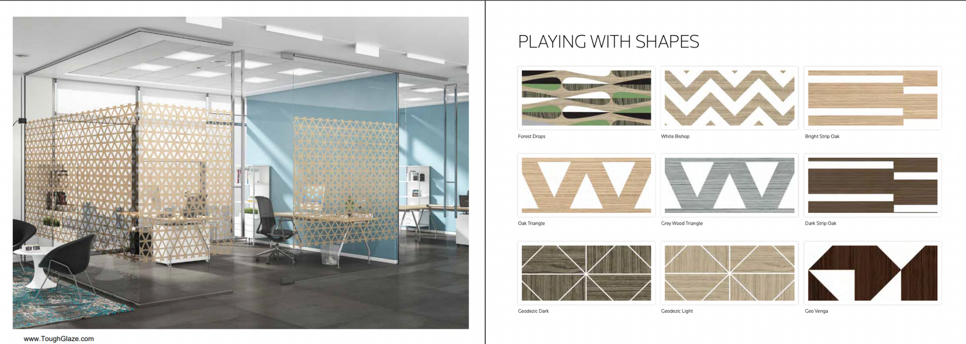 Office space with decorative screens and shape designs.