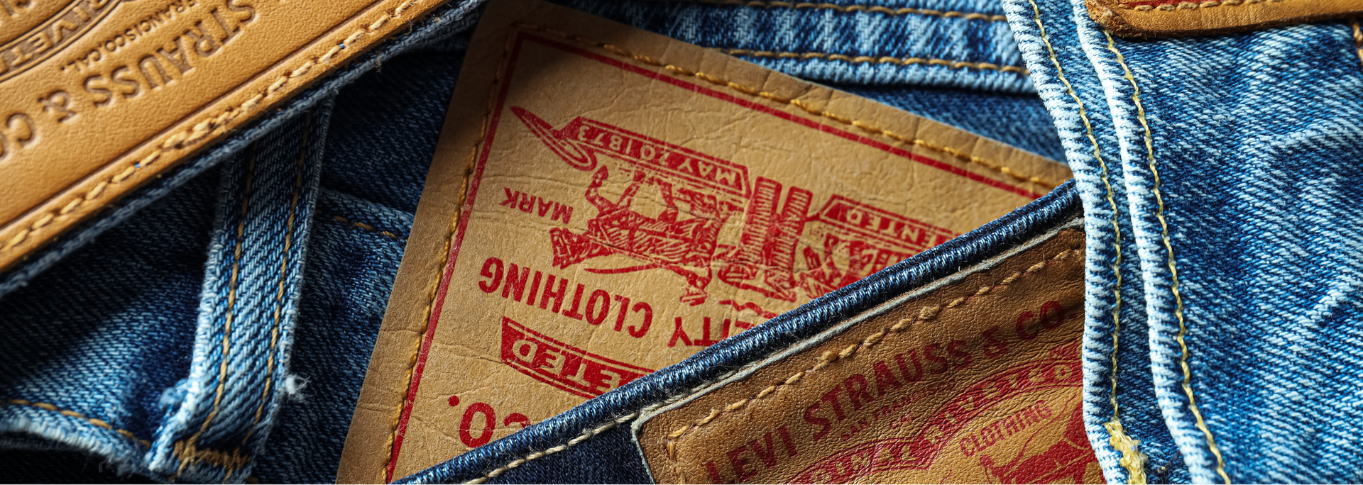 Close-up of denim jeans with the Levi Strauss & Co. brand tags.