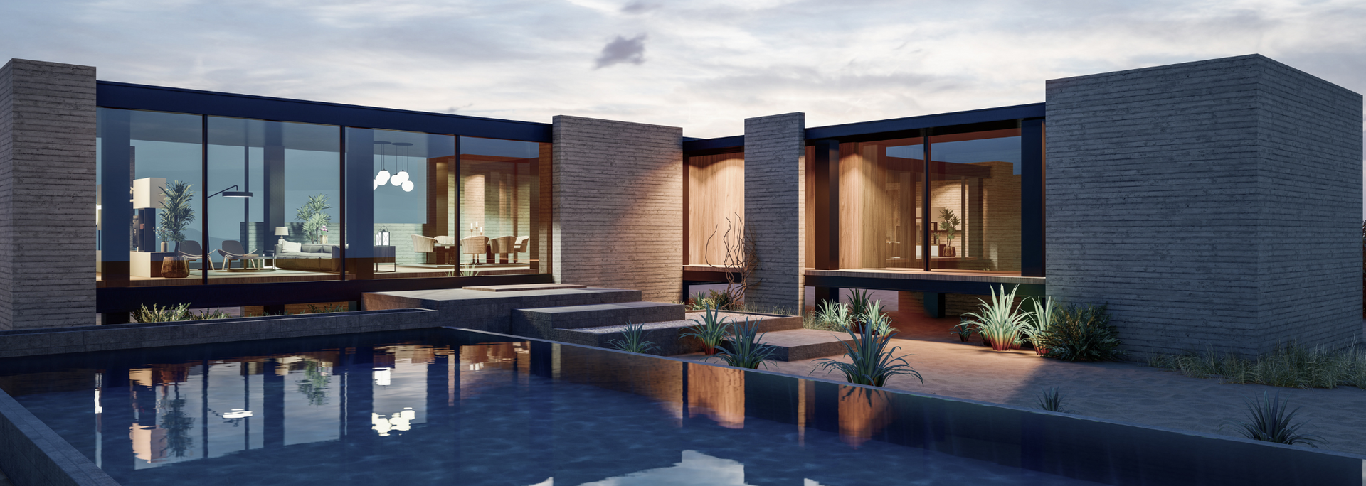 Modern house with large windows, pool, and stone accents.