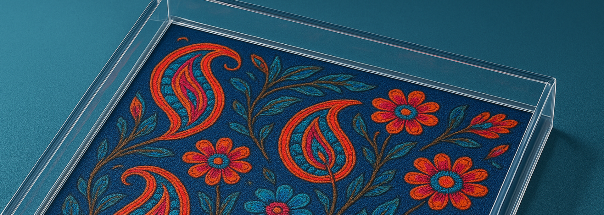 Clear tray with a blue floral pattern with red paisley and flowers.