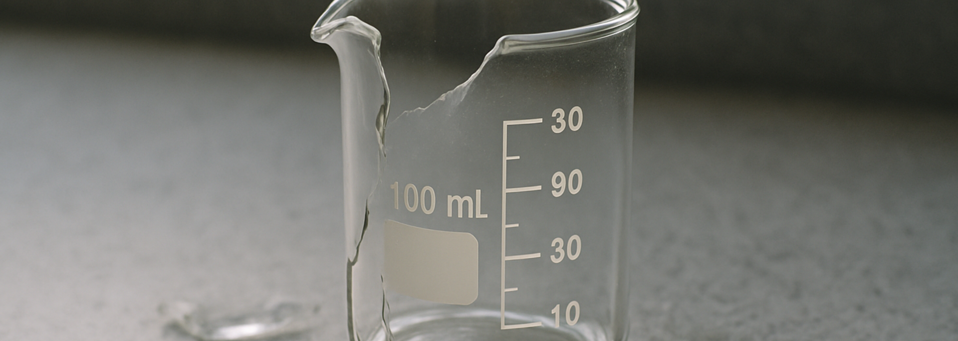 Broken beaker on a gray surface, with shattered rim and measurement markings.