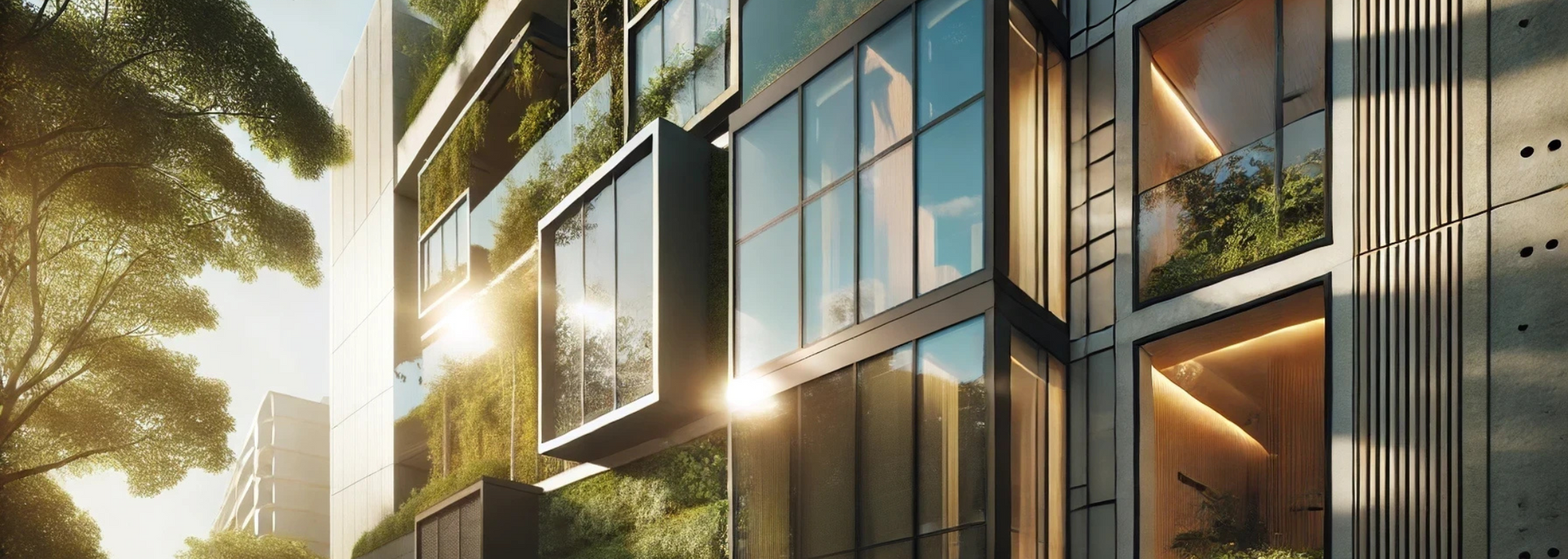 Modern building with glass windows, greenery, and concrete panels; sunlight.