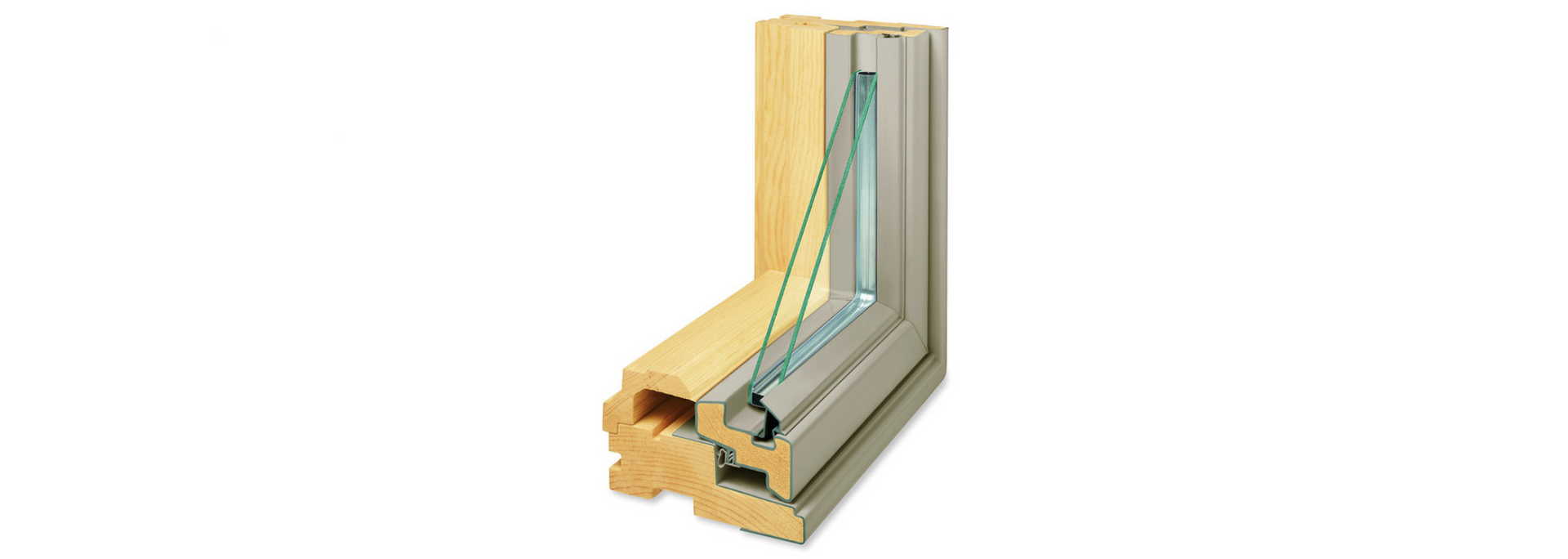 Cutaway view of a window frame, showing glass panes and wooden construction.