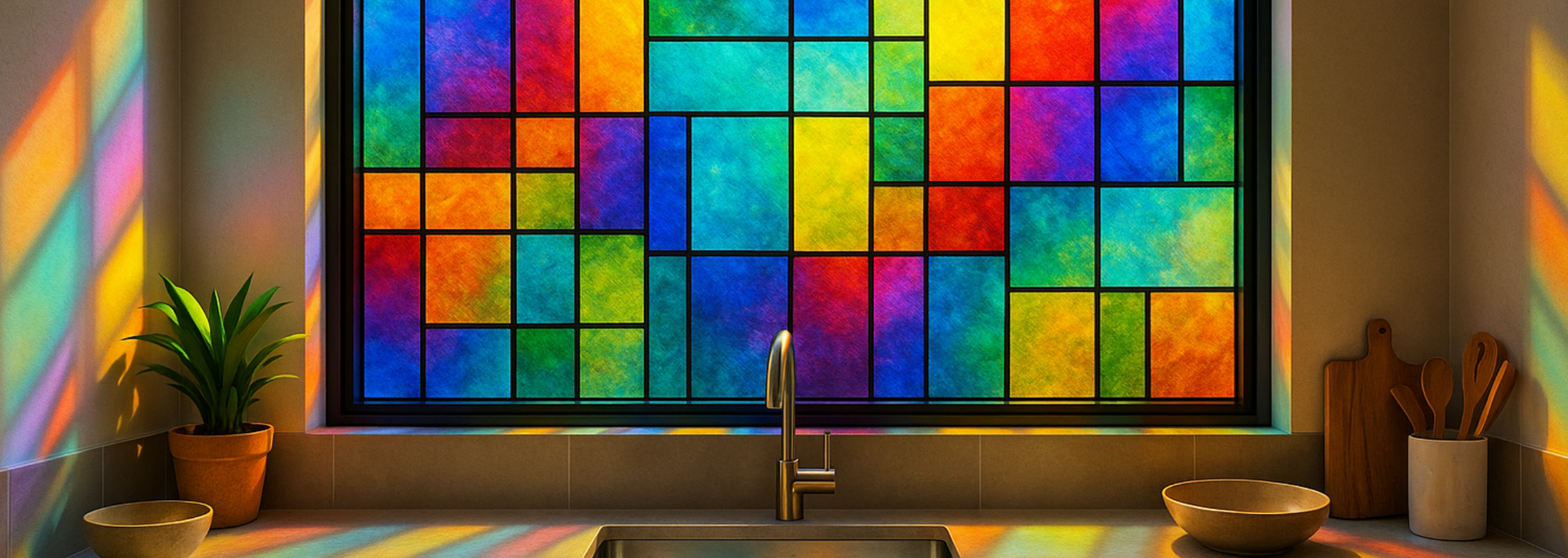 A colorful stained-glass window in a kitchen, casting rainbow light on the counter and walls.