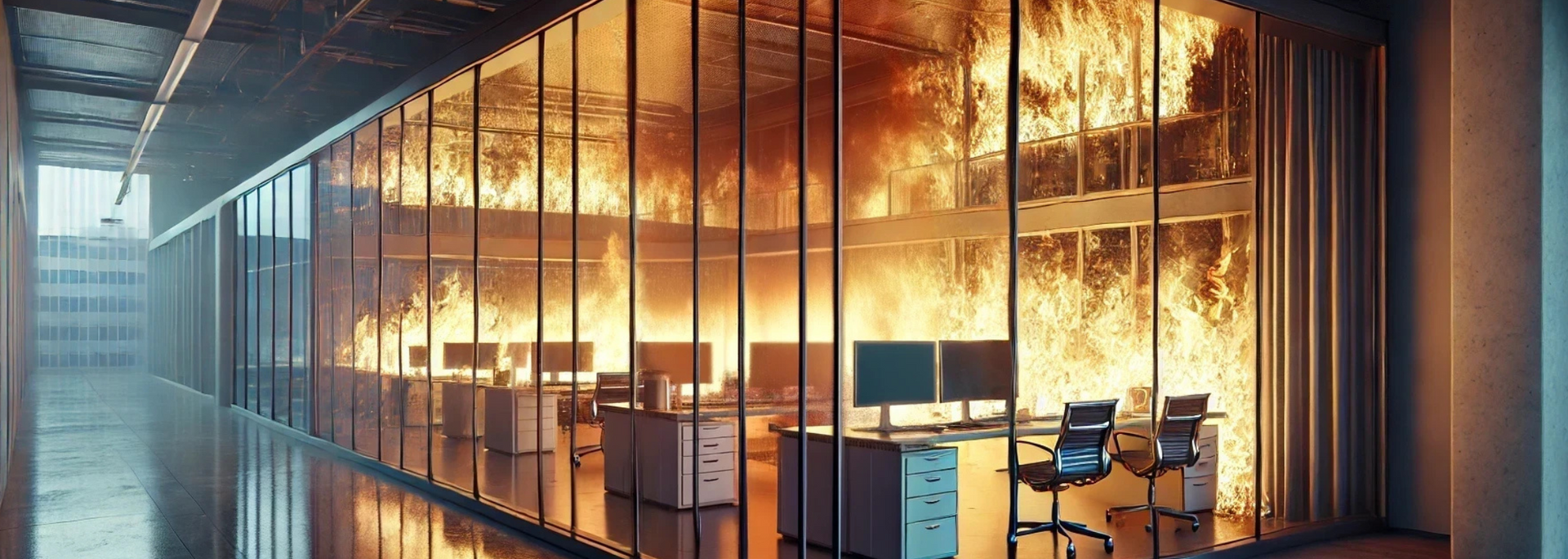 Office interior engulfed in flames behind glass windows. Interior hallway and building exterior are visible.