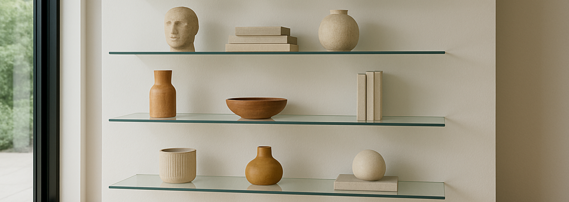 Glass shelves with decorative items, including vases, a sculpture, books, and a wooden bowl. Neutral colors.