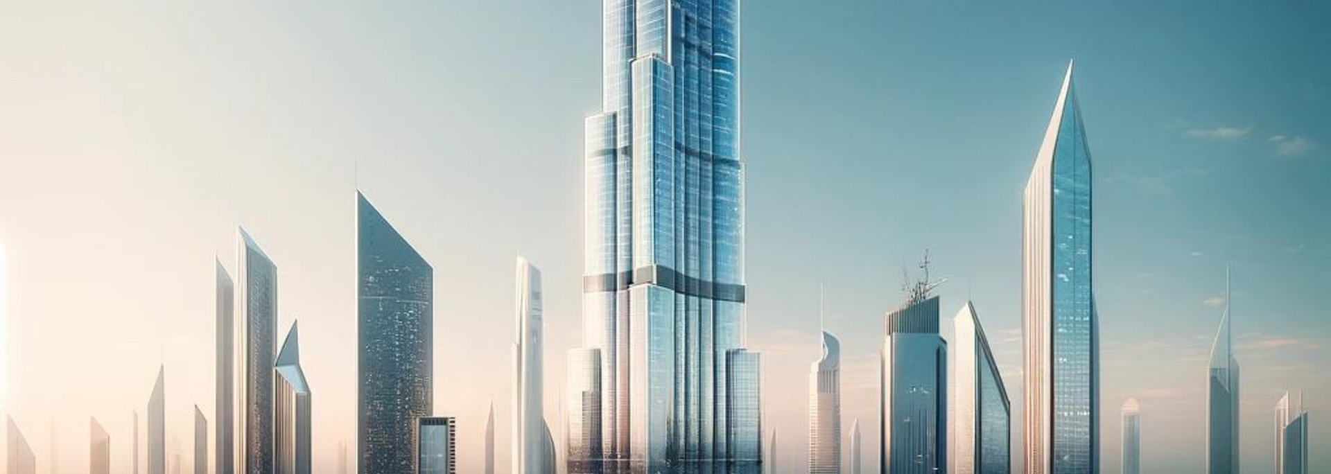 Skyscrapers in a bright blue sky, with a tall, glass-paneled building in the center.