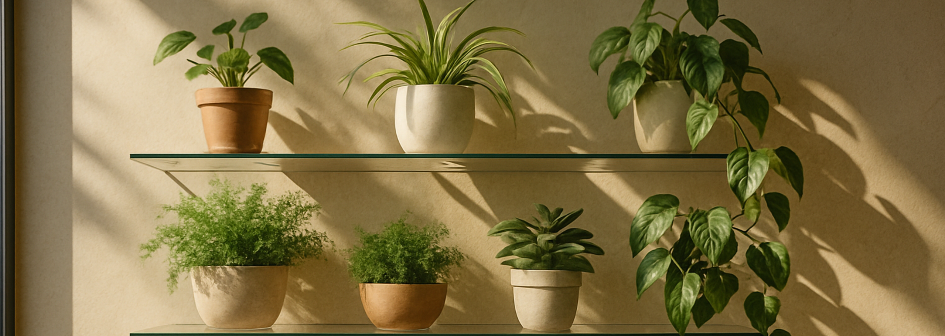 Shelves with potted plants against a beige wall, illuminated by sunlight.