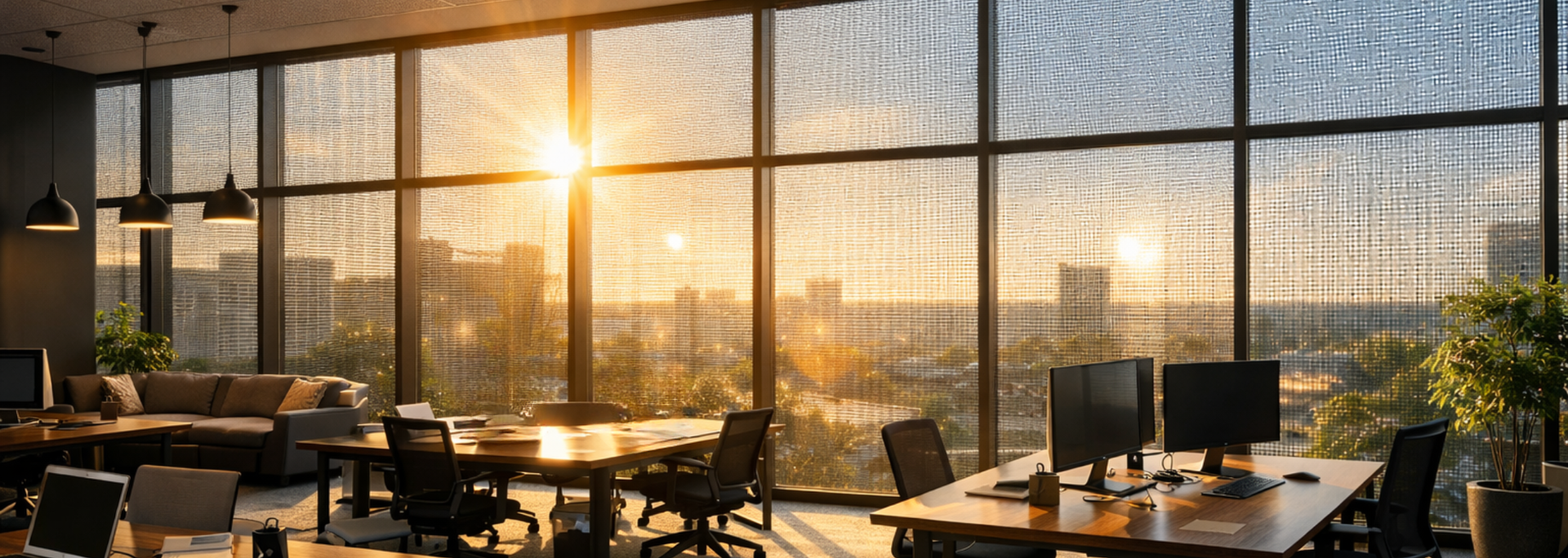 Picture of Mesh Laminated glass installed in a window. Picture of Mesh Laminated glass installed in a window.