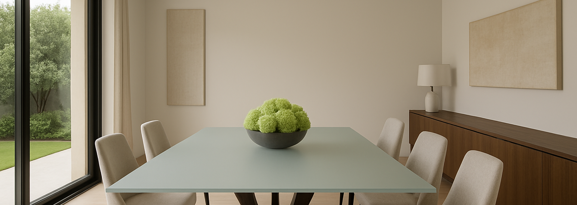 Dining room with a table, chairs, art, and a view of greenery.