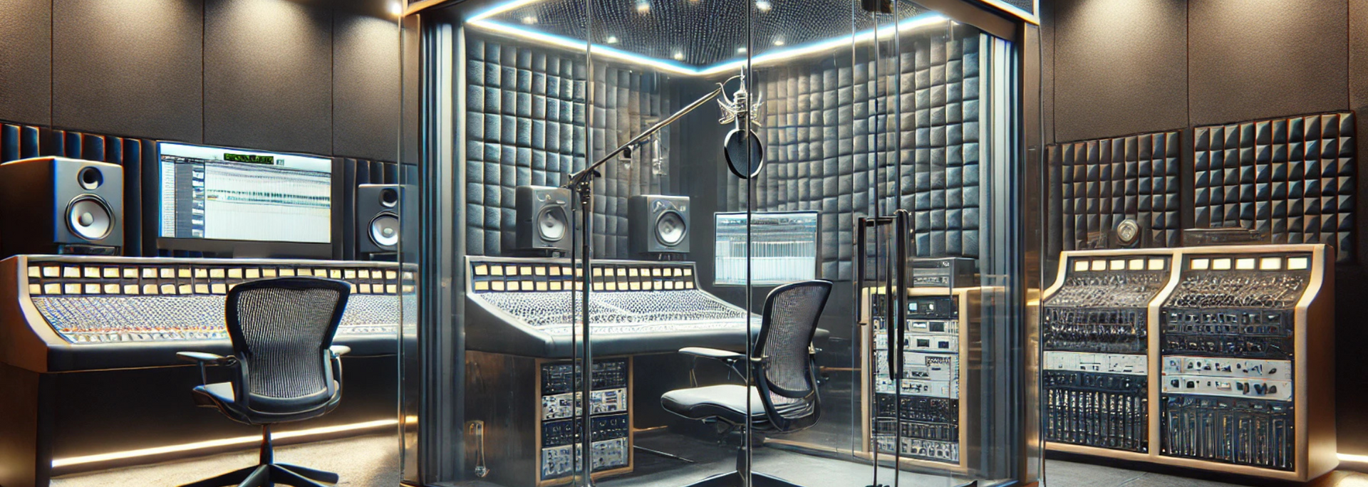Recording studio with soundproof walls, mixing consoles, microphones, and speakers.