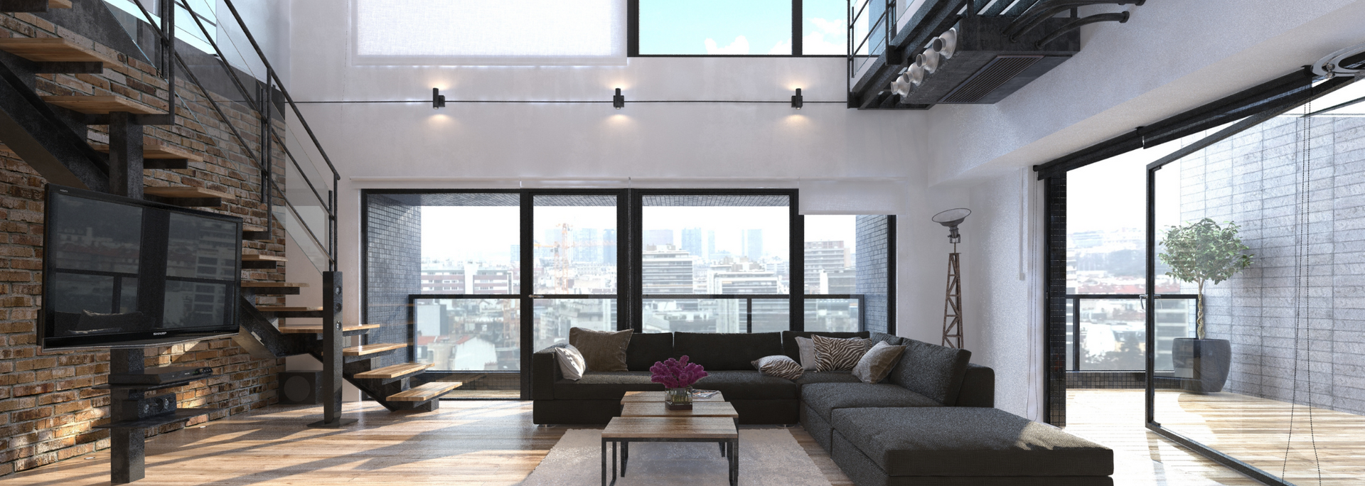 Modern living room with exposed brick, metal staircase, and floor-to-ceiling windows overlooking a city.