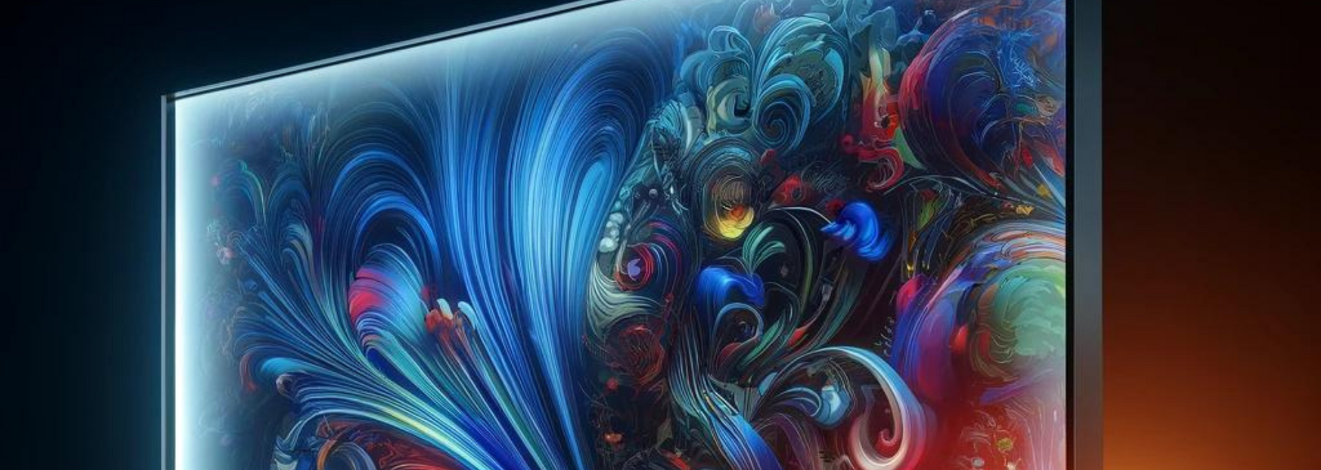 Close-up of a screen displaying colorful, abstract artwork with blue, red, and purple hues, with a thin border.