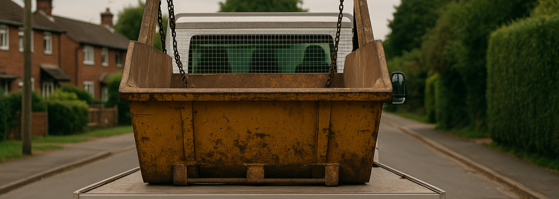 A yellow skip being carried on a flatbed truck, driving on a road.