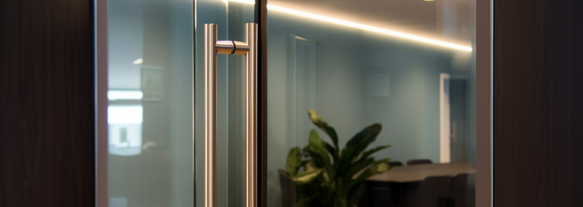 Glass door with a long, silver handle, reflecting a room with a plant and lights.