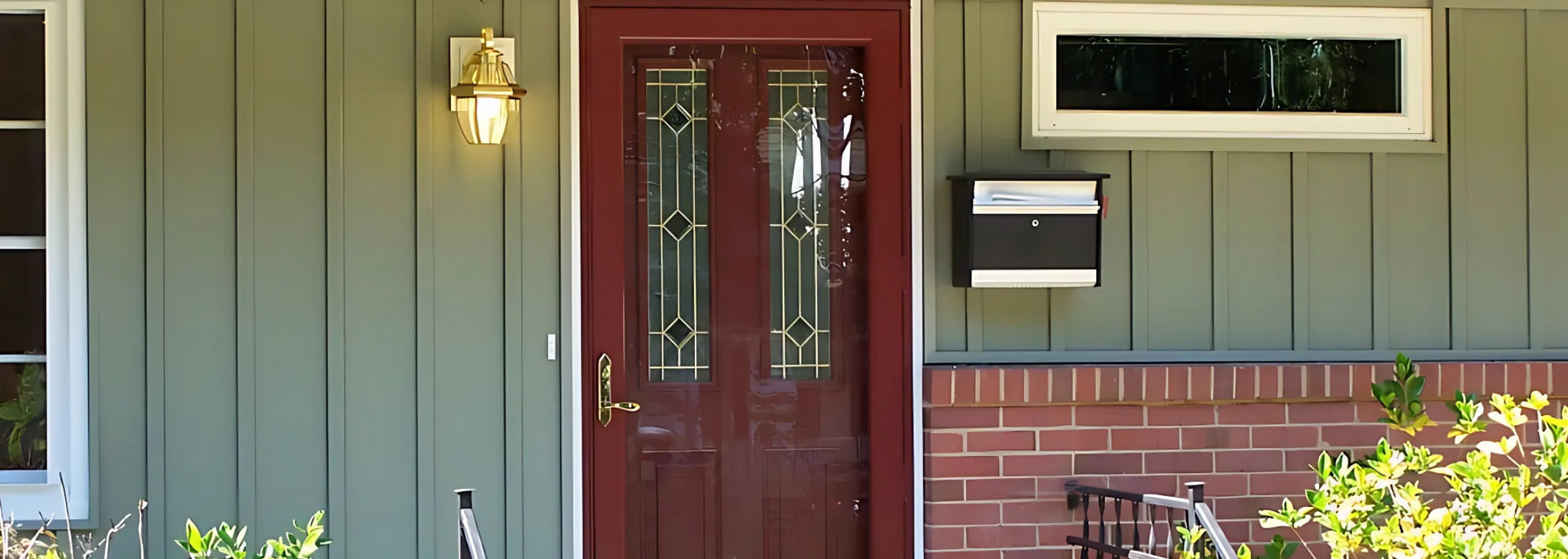 Front of a house with a red door, green siding, a mailbox, and a small window.