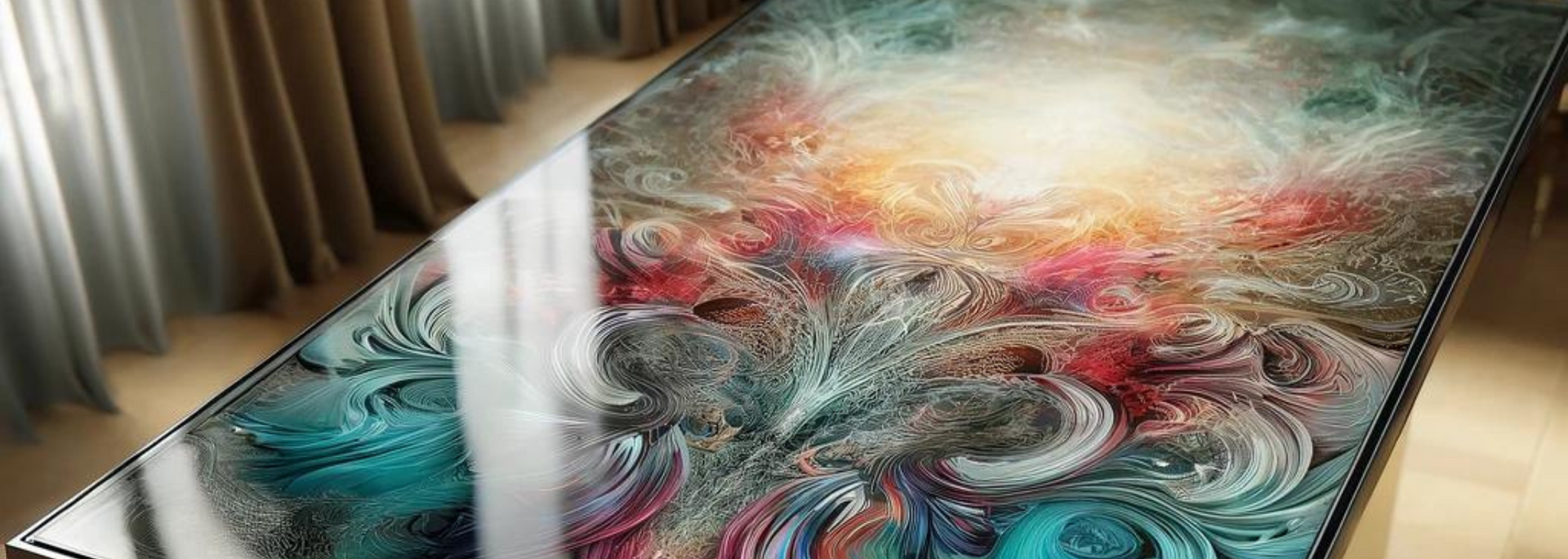 A glossy table with a colorful, abstract design. Sunlight and drapes are in the background.