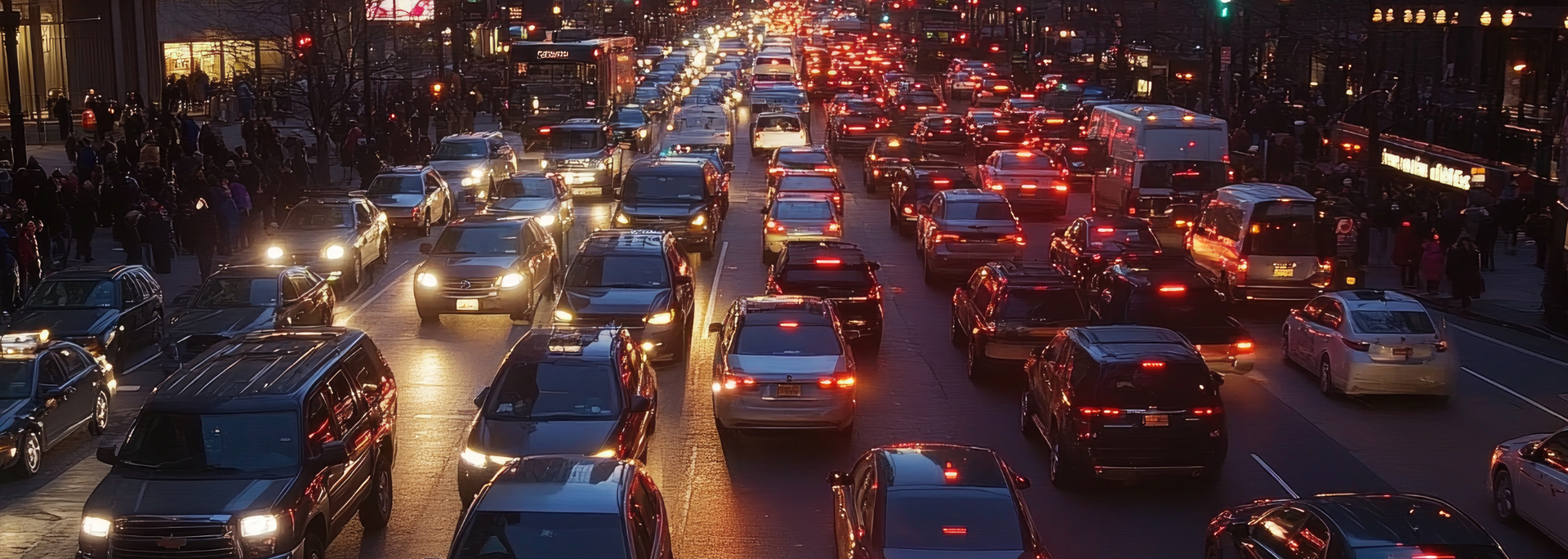 Cars in heavy traffic on a city street at night, illuminated by headlights and taillights.