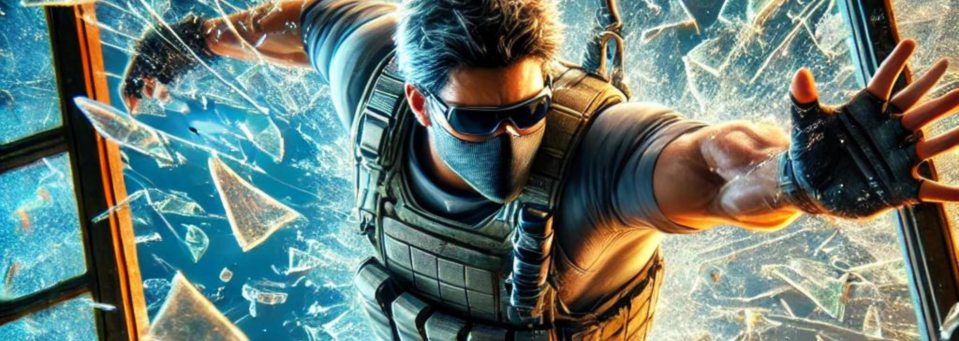 A person wearing a mask and tactical gear breaking through glass.